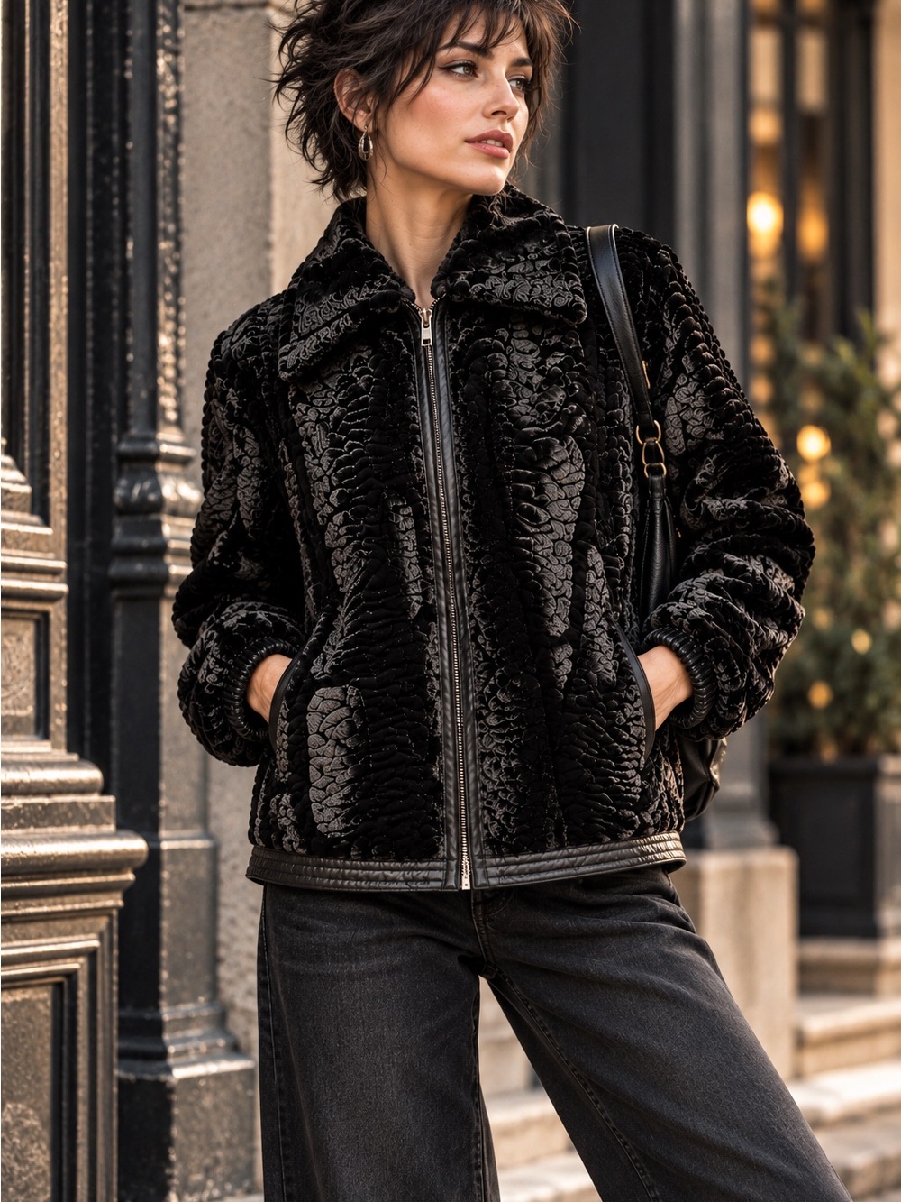 Alfred Dunner Jacket 12 Black Textured Faux Fur Zip Bomber Faux Leather Trim